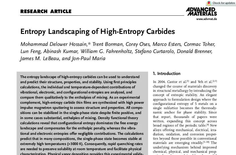 Graphical abstract for Entropy Landscaping of High-Entropy Carbides