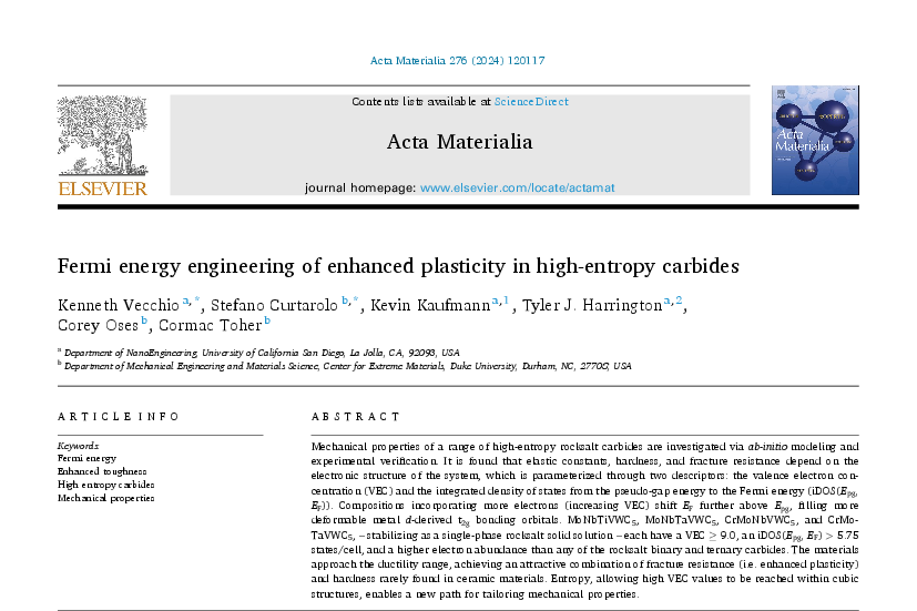 Fermi energy engineering of enhanced plasticity in high-entropy carbides