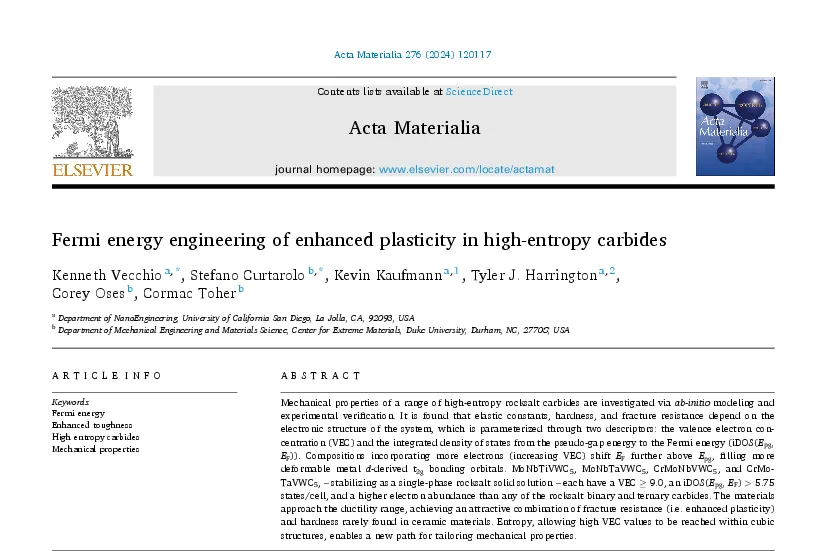 Fermi energy engineering of enhanced plasticity in high-entropy carbides