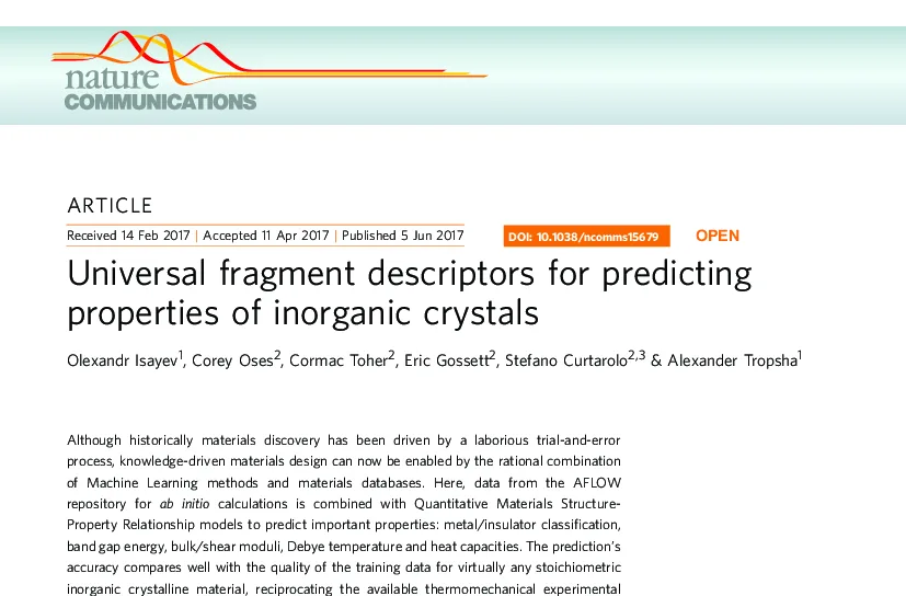 Graphical abstract for Universal Fragment Descriptors for Predicting Properties of Inorganic Crystals