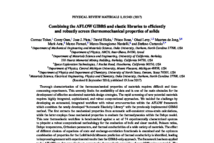 Graphical abstract for Combining the AFLOW GIBBS and elastic libraries to efficiently and robustly screen thermomechanical properties of solids